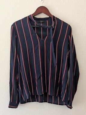 Rails Demi Navy/Oxblood VerticaStripe Choker Long Sleeve Blouse Shirt Size Small